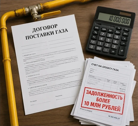 На фото лежат документы: договор поставки газа, счета на оплату газа и квитанция с суммой долга. Также виден калькулятор и газовая труба.